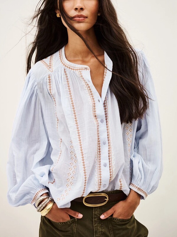 Bash2026 New Summer French Style Light Blue Hollow Floral Embroidery Textured Cotton Shirt 1H26Mona Bash2026 New Summer French Style Light Blue Hollow Floral Embroidery Textured Cotton Shirt 1H26Mona