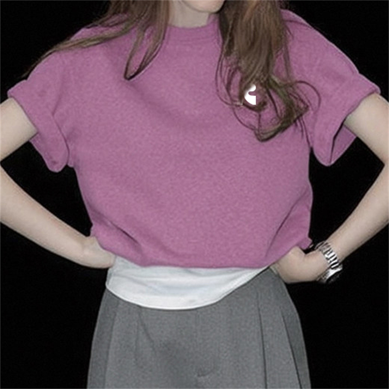 Rr Raspberry Pink Simple Round Neck Folded Sleeve T-Shirt for Women 2026 Summer New Fashion Versatile Casual Loose Top