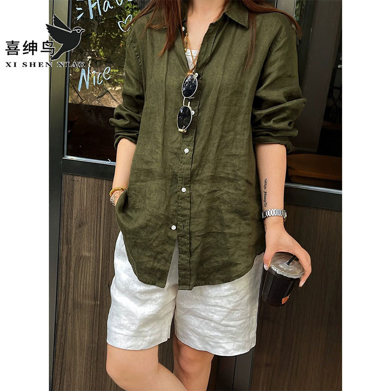 Xishen Bird Army Green Linen Long-Sleeve Shirt for Men and Women, Old Money Style, Loose and Relaxed, Sun-Protective, Thin, Minimalist Shirt Xishen Bird Army Green Linen Long-Sleeve Shirt for Men and Women, Old Money Style, Loose and Relaxed, Sun-Protective, Thin, Minimalist Shirt