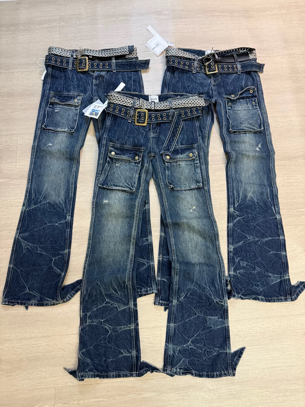 Blue Aaao Self-Designed Double-Waist Four-Pocket Lightning Wash Texture Skinny Jeans Slim-Fit Long Pants for Men and Women