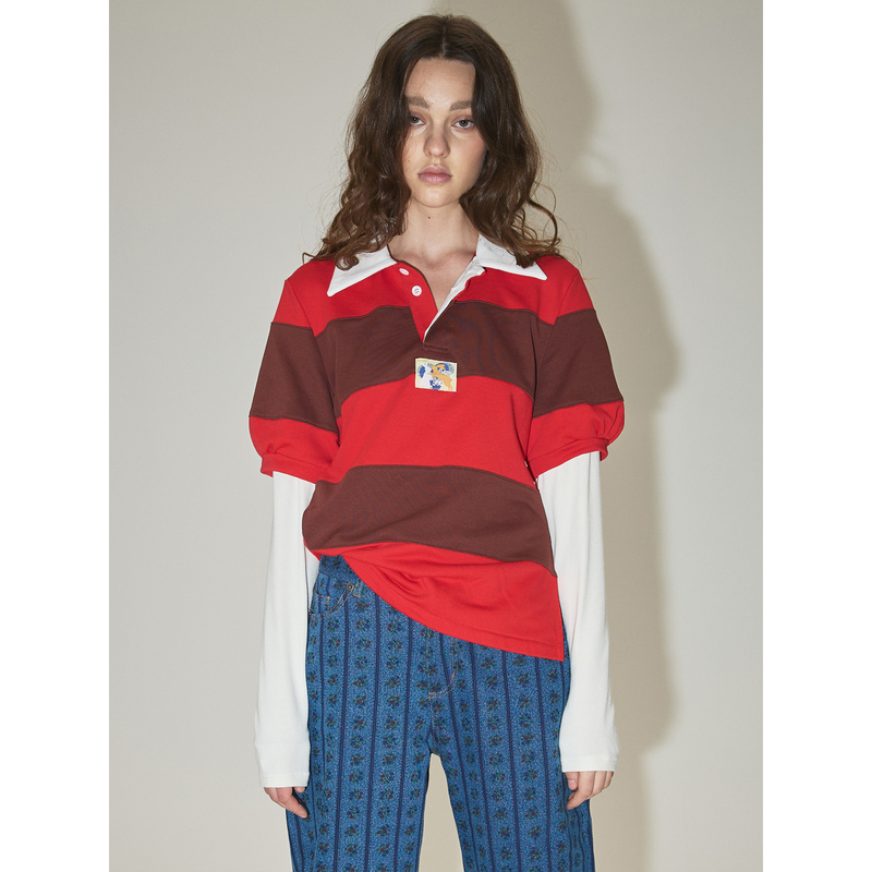 Optinips*Striped Polo Shirt Red and Brown Striped Color-Blocked Puff Sleeve Fake Two-Piece Polo Shirt
