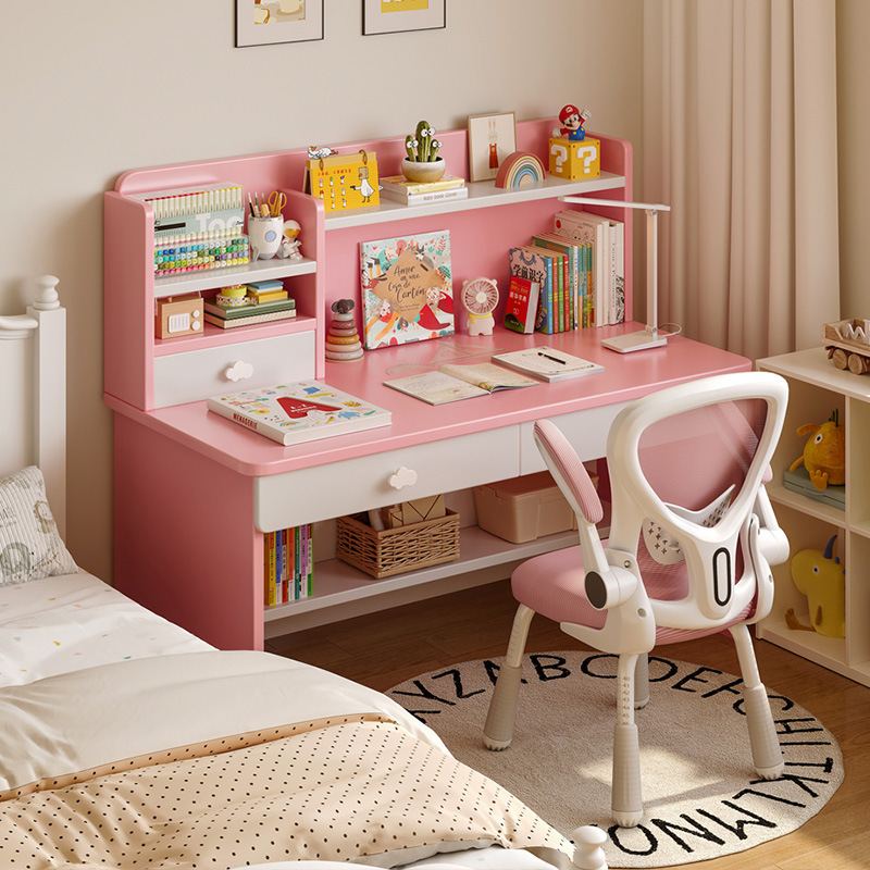 Wooden children's desk bookshelf integrated desk study table primary school student home bedroom writing table and chair set girl