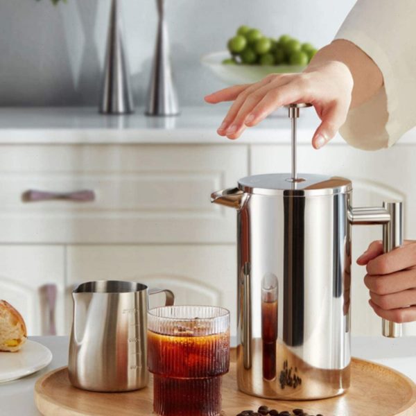 High-End Glossy French-Style Coffee Maker, 304 Stainless Steel, Double-Layer Insulated, Large Size, Multi-Filter, Heat-Insulated Coffee Pot