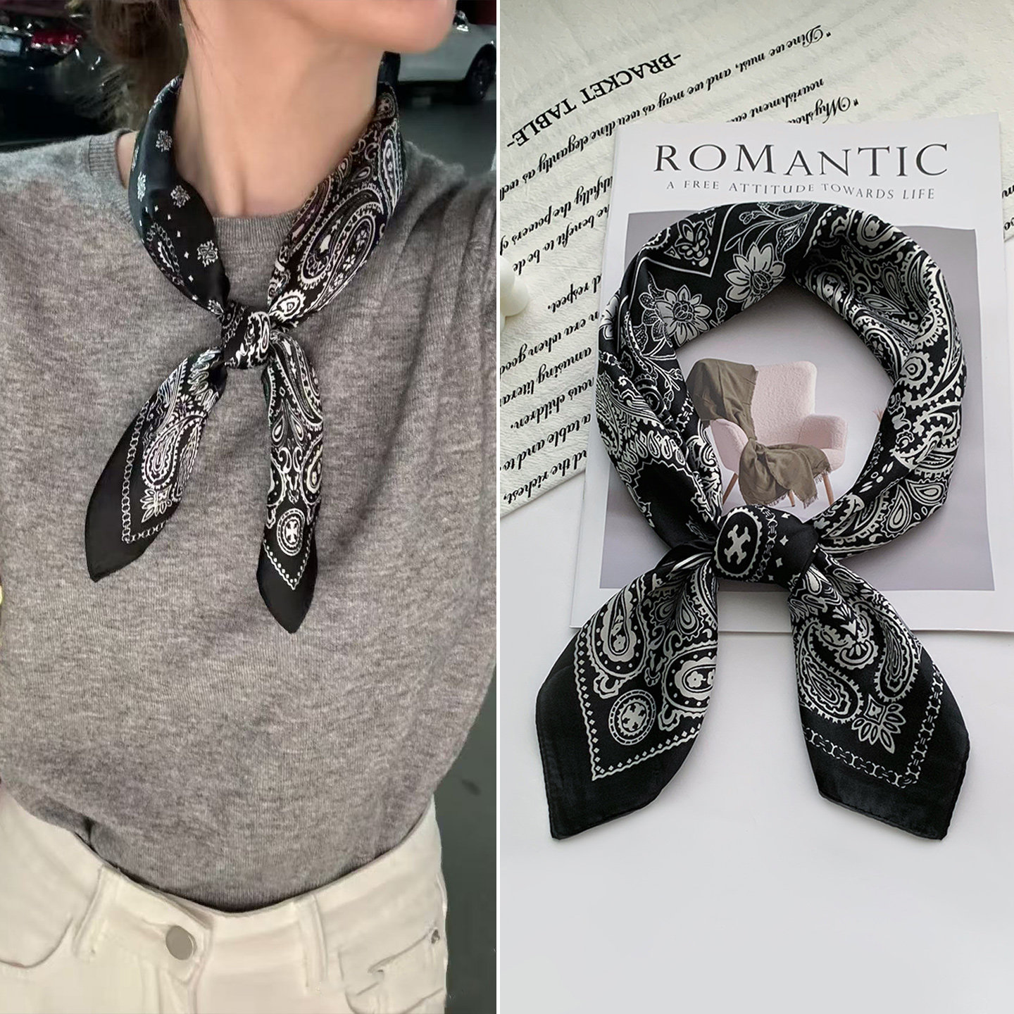 女性向けの高級シルクスカーフネックラップ、2026年新スタイル、黒のペイズリー柄の小さな正方形スカーフ、ファッショナブルで汎用性の高いネックウォーマー、シャツとのコーディネートに最適です。