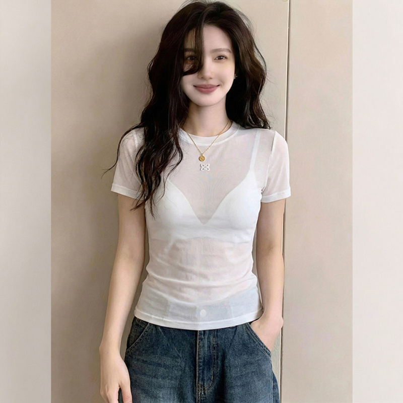 Super Trendy Age-Reducing Hot Girl Style Top for Women, Summer 2026 New White Slightly Sheer Mesh Slim Fit Short-Sleeve T-Shirt Super Trendy Age-Reducing Hot Girl Style Top for Women, Summer 2026 New White Slightly Sheer Mesh Slim Fit Short-Sleeve T-Shirt