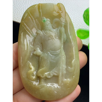 Burmese natural a-grade jade and jade, laokeng ice species, hand-carved, yellow jade guan gong brand pendant