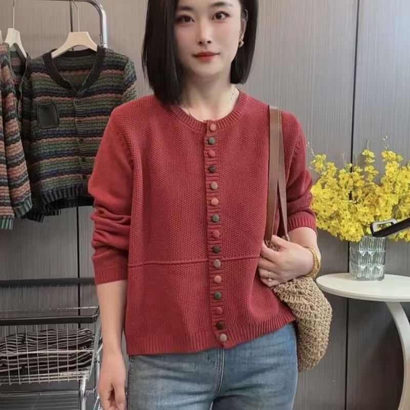High-End Pure Cotton New Spring and Autumn Color-Button Retro Round-Neck Knitted Cardigan Loose Slimming Fashionable Sweater Top for Women