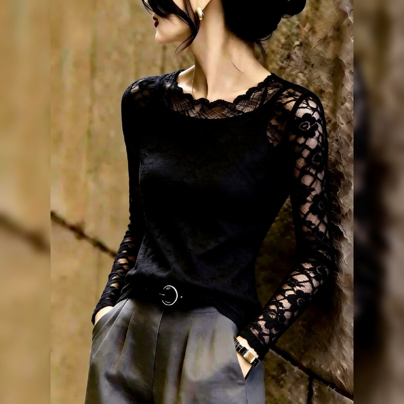 2026 Autumn New Black Lace Patchwork Top for Women, Slimming and Sophisticated Style, High-End Fashionable Long-Sleeve T-Shirt 2026 Autumn New Black Lace Patchwork Top for Women, Slimming and Sophisticated Style, High-End Fashionable Long-Sleeve T-Shirt
