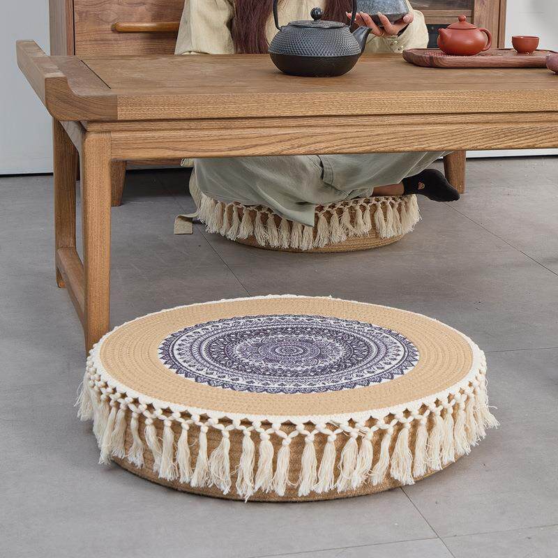 New ethnic style cotton thread tassel futon cushion round hand-woven meditation cushion Zen cushion bay window cushion c^