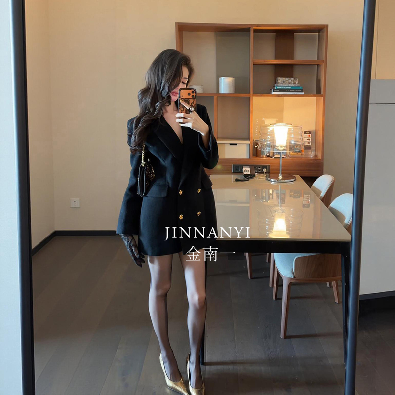 Jinnan Yi 100% Sheep Wool Double-Breasted Blazer, Elegant Waist-Cinching Slim-Fit Women's Autumn New Style