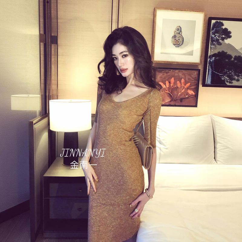 Jinnan Yi Imported Crystal Yarn V-Neck Mid-Sleeve Dress, French-Style Elegant Long Dress, Slim Fit, New Autumn Model for Women Jinnan Yi Imported Crystal Yarn V-Neck Mid-Sleeve Dress, French-Style Elegant Long Dress, Slim Fit, New Autumn Model for Women
