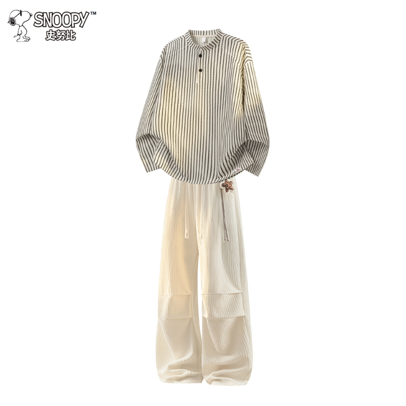 Snoopy/Snoopy American Retro Striped Suit Men's Spring and Autumn Henley Collar Long-Sleeve Loose Casual Pants