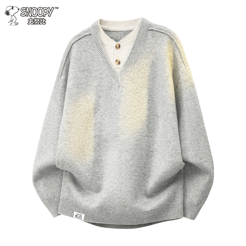 Snoopy V-Neck Color-Blocked Casual Sweater for Men, Autumn Fake Two-Piece Design Knit Base Shirt Snoopy V-Neck Color-Blocked Casual Sweater for Men, Autumn Fake Two-Piece Design Knit Base Shirt