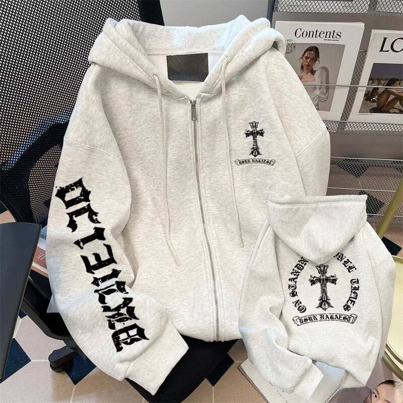 2026 Autumn and Winter New American Retro Cross Letter Hooded Sweatshirt Zipper Cardigan Unisex Versatile Jacket