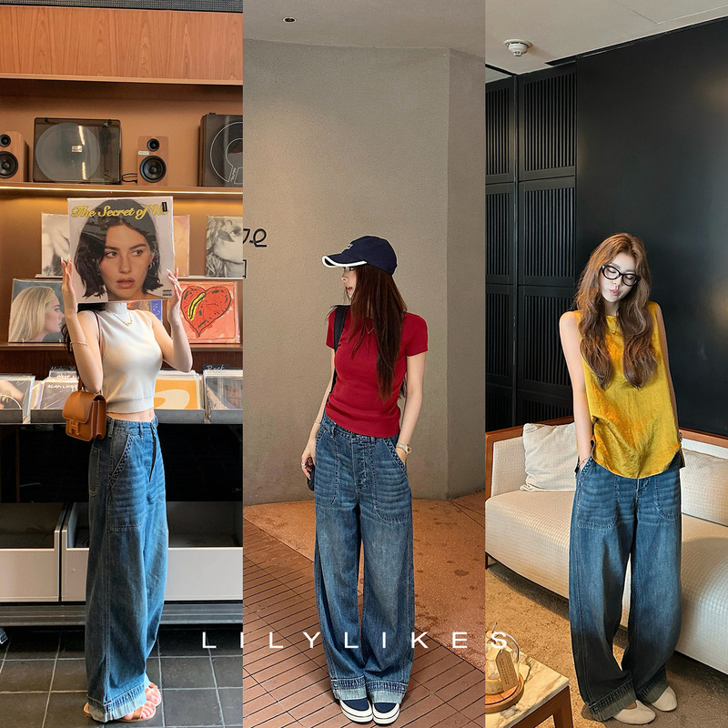 Lilylikes''Retro Fengshen Pants' Hand-Rubbed Distressed Cuffed Jeans Create a Casual and Cinematic Look