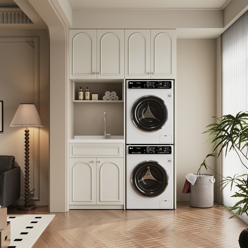 French-Style Lacquered Honeycomb All-Aluminum Dual-Unit Laundry Cabinet with Washing Machine and Dryer Combination, Balcony Integrated Cabinet Companion