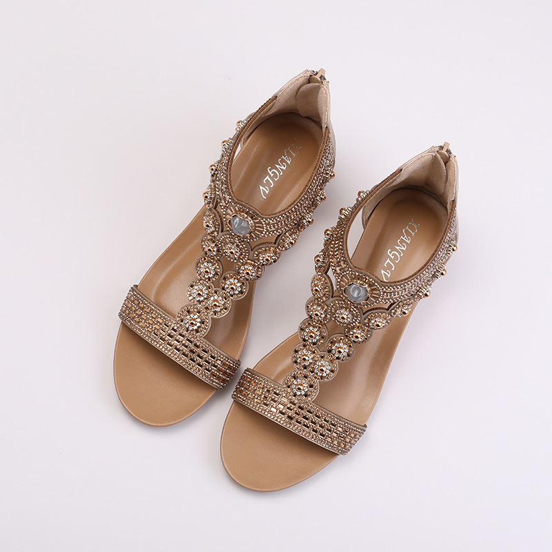 Rhinestone-Decorated Wedge Sandals, New Style, Comfortable and Height-Enhancing, Wood-Grain Bohemian Style Roman Shoes 1418-1452 Rhinestone-Decorated Wedge Sandals, New Style, Comfortable and Height-Enhancing, Wood-Grain Bohemian Style Roman Shoes 1418-1452