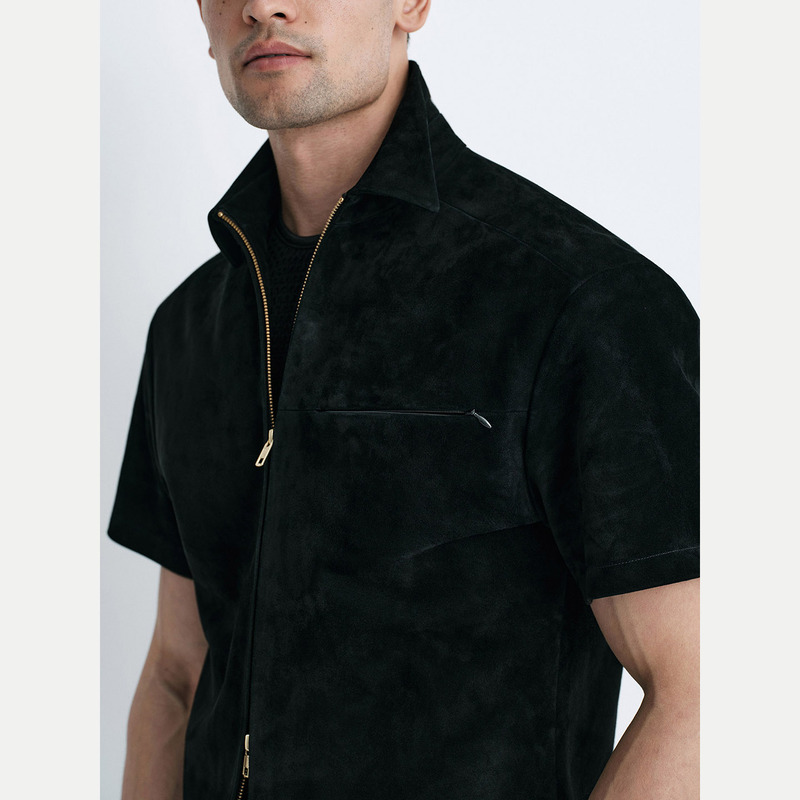 Karing｜Heavyweight Suede Double-Zipper Shirt with Short Sleeves, Metal Buckle Embellished Lapel, Men's Casual Top