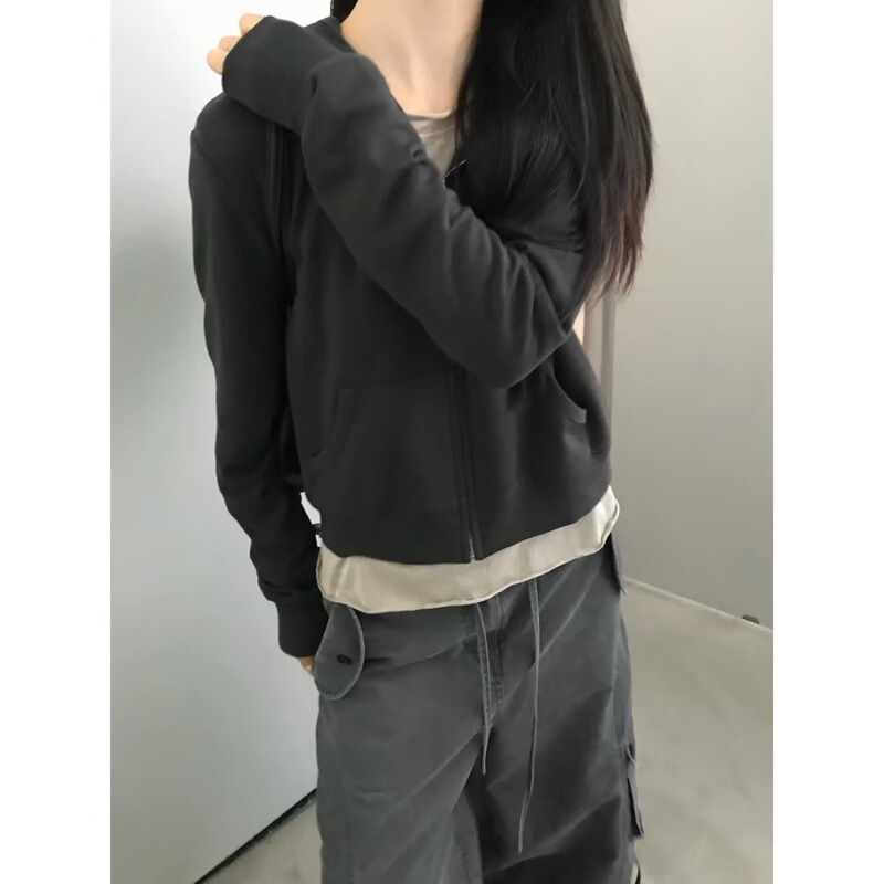 8.19【Relaxed Chic】Practical and High-End Minimalist Hooded Zip-Up Solid Color Sweatshirt Hoodie 26897