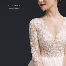 SunsetHera custom original V-neck court French retro long-sleeved thin big tail main wedding dress