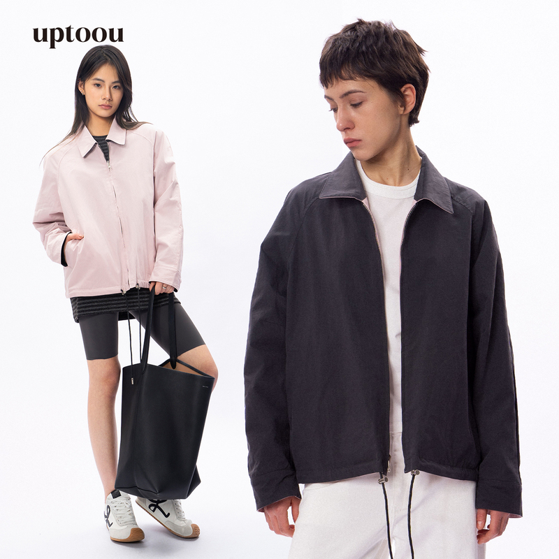 Uptoou Navy Blue & Pink Reversible Lapel Jacket, Drop Shoulder Slimming Drawstring Loose Women's Classic Coach Jacket