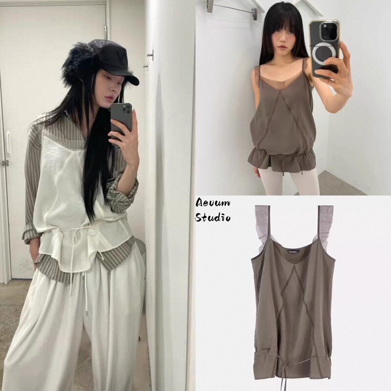In-Stock in China Cerric 26 Summer New Style Sheer Ruffled Sleeveless Top with Drawstring Tie Camisole