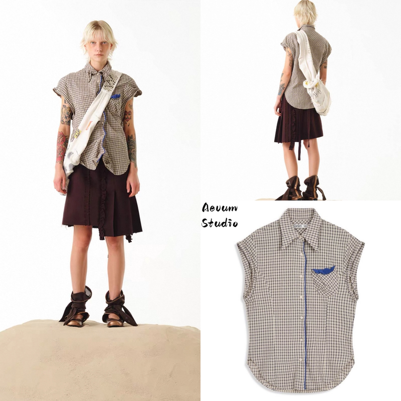 Korean Brand Open Yy 26 New Summer Style Color Block Metal Plaid Pleated Large Cuff Short-Sleeve Shirt for Women