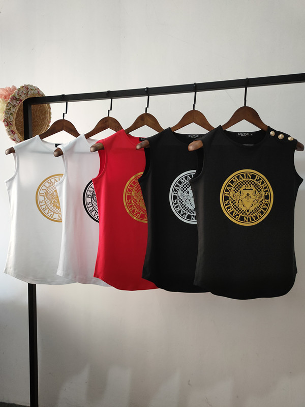 Effie Balmain Gold-Embossed Lettering Balmain All-Cotton Gold Buckle Curved Hem Sleeveless Tank Top Effie Balmain Gold-Embossed Lettering Balmain All-Cotton Gold Buckle Curved Hem Sleeveless Tank Top