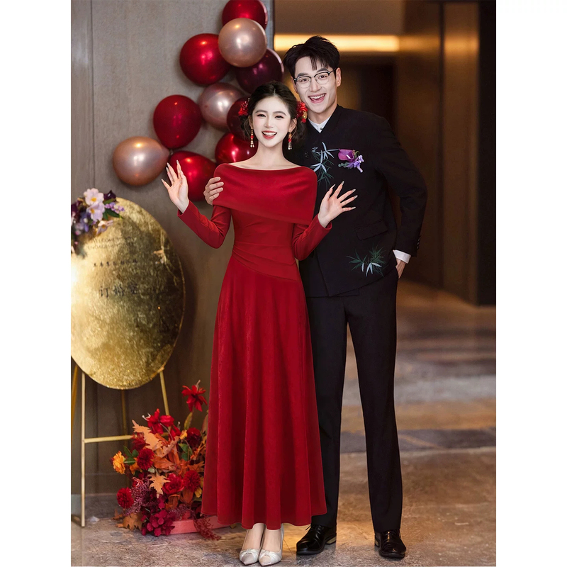 Red Long-Sleeve Bridal Gown for Toastings, 2026 New Model, High-End Engagement Evening Dress, Homecoming Wedding Robe