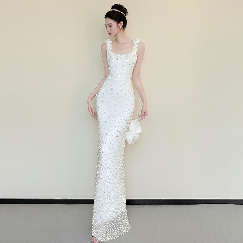 White Engagement Evening Dress for Women, Hostess of Annual Meeting, Spaghetti Strap, Mermaid Style, High-End Banquet, Student Day, Coming-Of-Age Ceremony, Socialite White Engagement Evening Dress for Women, Hostess of Annual Meeting, Spaghetti Strap, Mermaid Style, High-End Banquet, Student Day, Coming-Of-Age Ceremony, Socialite