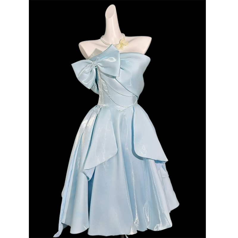 Blue Strapless High-End Evening Dress for Women, Niche Light Luxury Birthday Adult Ceremony Party Princess Dress, Annual Meeting Host