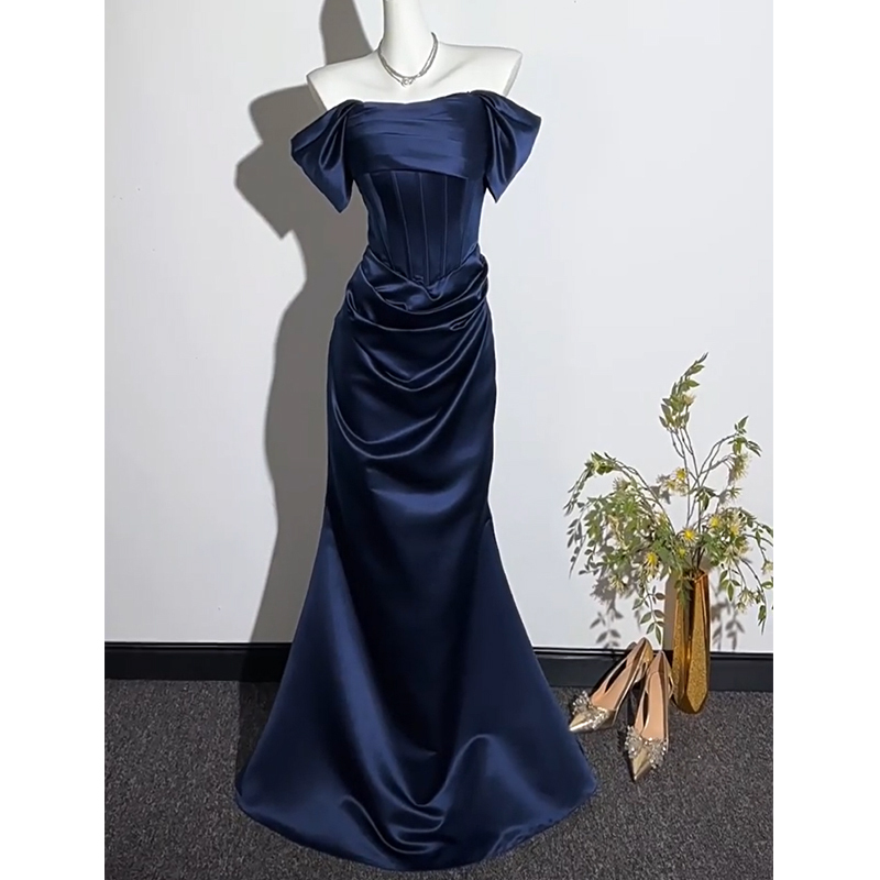 Blue Off-The-Shoulder Mermaid Evening Gown for Students' Graduation Ceremony, Adult Ceremony, Vocal Performance Exam, High-End Long Dress for Banquets