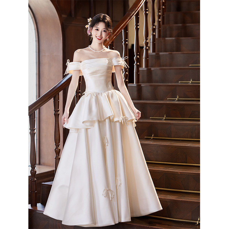 Champagne-Colored Off-The-Shoulder Light Wedding Dress, Bridal Robe, Wedding Banquet, Student Day, Coming-Of-Age Ceremony, Princess Dress, Vocal Arts Exam