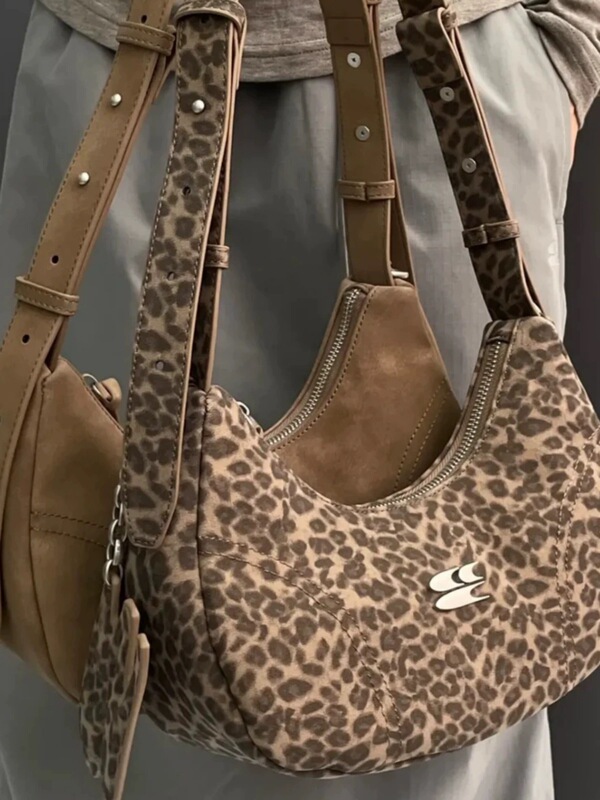 Cryingcenter Leopard Print Faux Velvet Multi-Color Crossbody Shoulder Handbag Motorcycle Bag with Logo Pendant