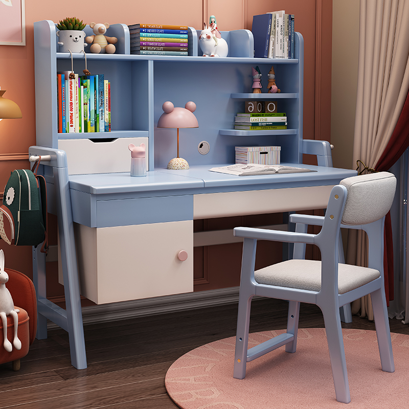 Solid wood desk bookshelf integrated children's study table student bedroom home writing desk and chair set boy writing desk