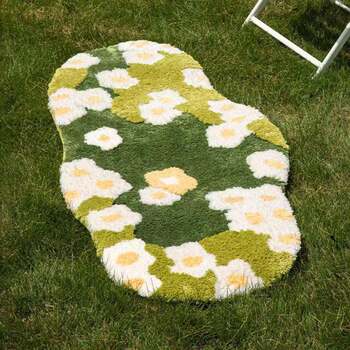 Floral forest green grass carpet living room hgc cute daisy tufted moss long floor mat bedroom moss flocked small bedside blanket