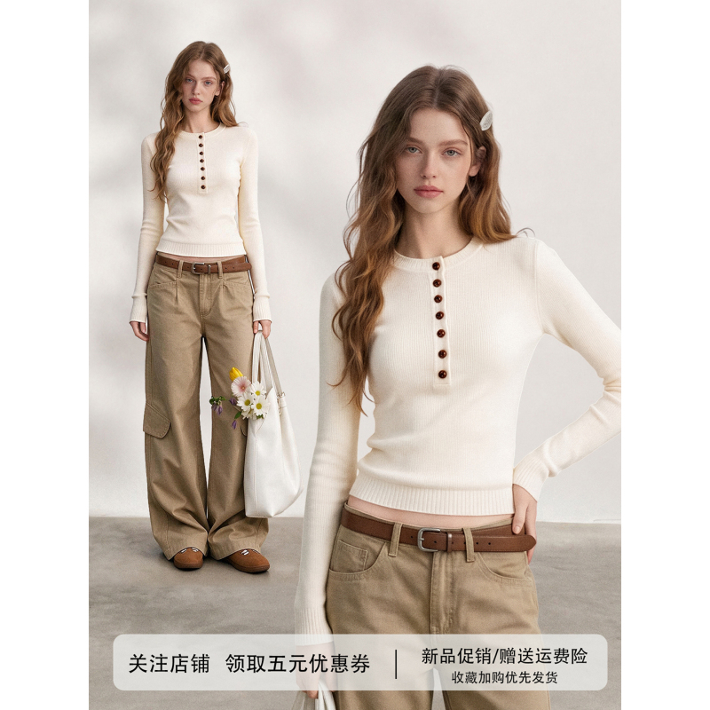 White Henley Collar Long-Sleeve Knit Sweater for Women, Autumn 2026 New Slim-Fit Base Layer Sweater Top