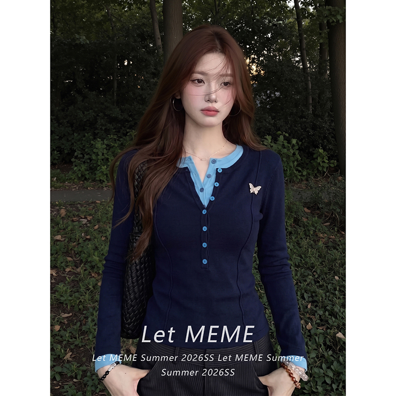 Navy Blue Henry Collar Faux Two-Piece Regular Shoulder Long-Sleeve T-Shirt for Women, Autumn Slim-Fit Flattering Inner Layer Short Top Navy Blue Henry Collar Faux Two-Piece Regular Shoulder Long-Sleeve T-Shirt for Women, Autumn Slim-Fit Flattering Inner Layer Short Top