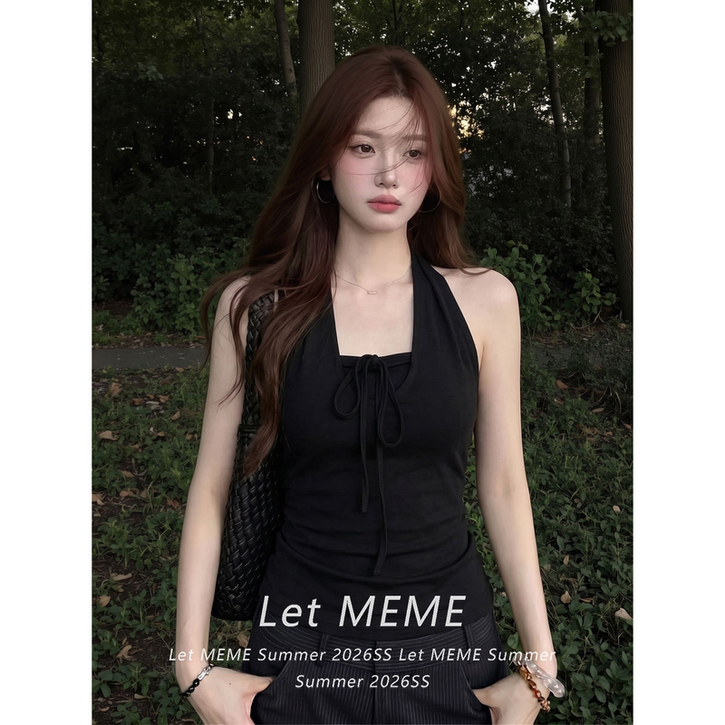 Black Fake Two-Piece Halter Neck Camisole for Women, Summer Outerwear, Covers Side Breasts, Slim Fit, Tie-Up Sleeveless Top Black Fake Two-Piece Halter Neck Camisole for Women, Summer Outerwear, Covers Side Breasts, Slim Fit, Tie-Up Sleeveless Top