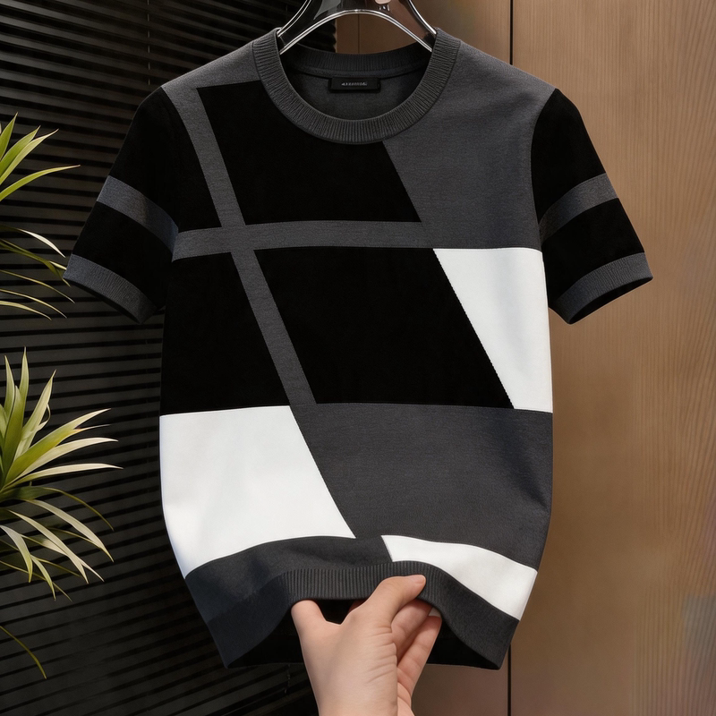 Men's Clothing 2026 Summer New Short-Sleeved T-Shirt Men's Korean Style Loose and Versatile Patchwork Contrasting Color Breathable Round Neck Top