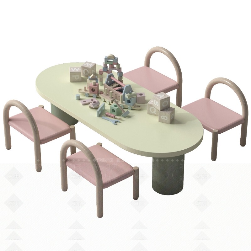 Simple Style Kindergarten Children's Table and Chair Set, Solid Wood Oval Tabletop, Pink Chairs, Sales Office Study Table and Chairs