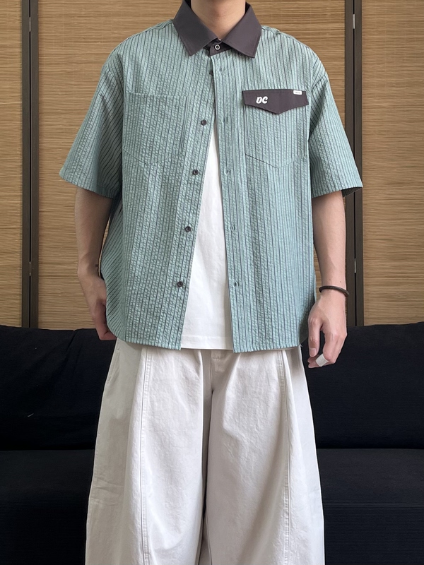 Painess Retro Japanese-Style Striped Short-Sleeve Shirt with Bubble Yarn Pockets, Casual Versatile Shirt for Men and Women, Couple Fashion