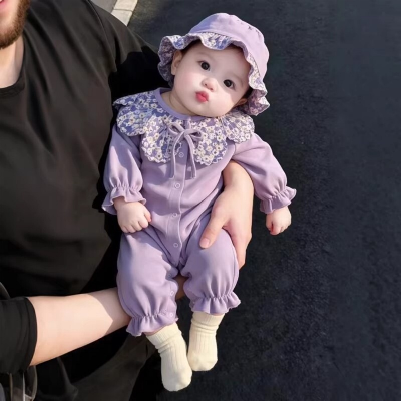 Baby Romper Spring and Autumn Set, Shell Collar Jumpsuit, Newborn Clothing, Trendy and Super Cute with Hat