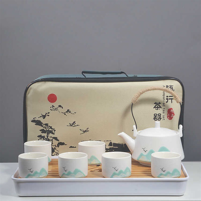 A complete set of tea sets, home ceramics, one pot and four cups, hand-painted handle kettle, small tea tray, tea table, travel custom LOGO