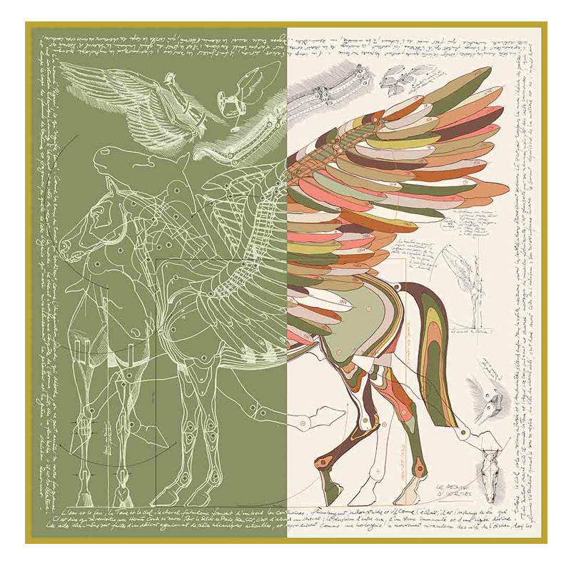 H Brand Mechanical Flying Horse Silk Scarf for Women, 70% Silk Cashmere, 140cm Large Square Scarf, Scarf, Shawl, Neck Warmer, Air Conditioning Scarf for Warmth