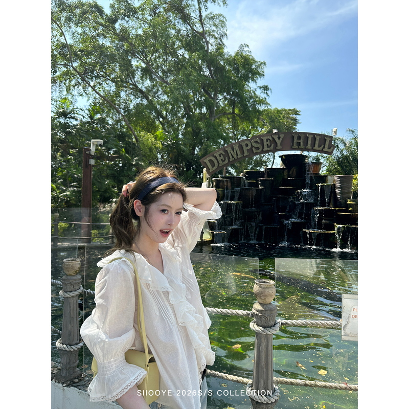 Siiooye Fresh Style Look 75% Tencel Linen Ruffle Collar Mid-Sleeve Shirt Lace Blouse Casual Top