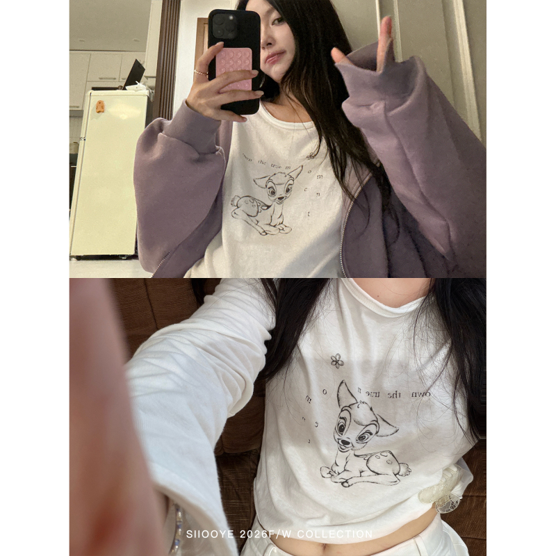 Siiooye Little Deer Print Cotton Relaxed Fit Rolled Hem T-Shirt for Women, Autumn and Winter Long Sleeve Top Siiooye Little Deer Print Cotton Relaxed Fit Rolled Hem T-Shirt for Women, Autumn and Winter Long Sleeve Top