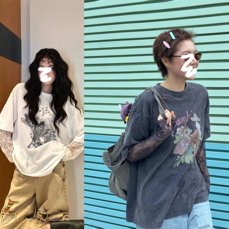 Autumn Bambi Collaboration Series Fake Two-Piece T-Shirt with Distressed Holes, Spray-Dyed, Washed, Long-Sleeved, Lace Splicing