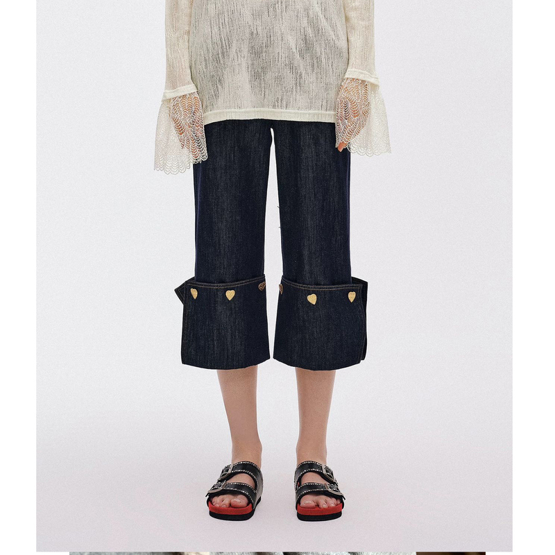 Heart-Shaped Button Seven-Point Denim Pants for Women, New Loose-Fitting Versatile Straight-Leg Casual Pants Heart-Shaped Button Seven-Point Denim Pants for Women, New Loose-Fitting Versatile Straight-Leg Casual Pants