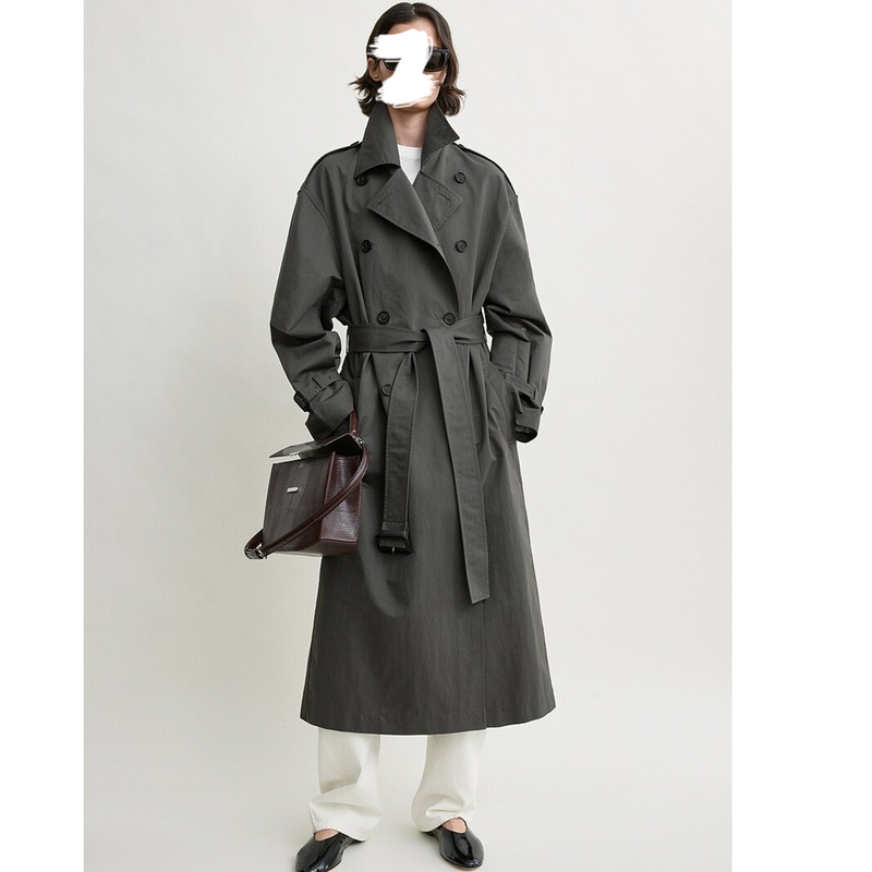 Dark Taupe Long Double-Breasted Textured Distressed Structured Thin Trench Coat Jacket
